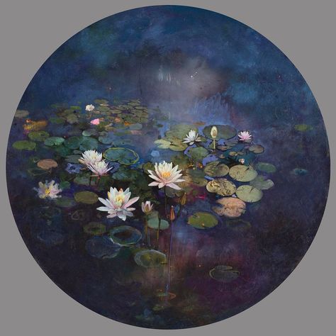 Circle Canvas, Colossal Art, Round Canvas, Flower Art Painting, Painting Art Projects, Water Lilies, Canvas Art Painting, Lily Pads, 그림 그리기