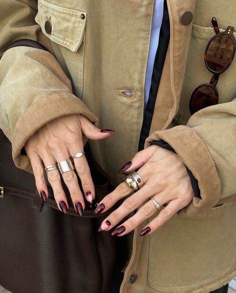 chloehayward_ tortoise shell nails Tortoise Shell Nails, Chloe Hayward, Shell Nails, Fall Nail Inspo, Meaningful Gifts For Her, Dark Red Nails, Bold Statement Jewelry, Cherry Nails, Nail Jewels