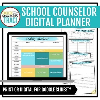 This digital counselor planner is perfect for all of your school counselor needs! Get organized and start the year off ready, especially for distance learning and planning! This resource is available for Google Slides™. Features soft colors for ink friendly printing!This product includes:What's in t... School Counselor Planner, School Counselor Organization, School Counseling Bulletin Boards, Counseling Bulletin Boards, School Counselor Lessons, Career Counselor, College Counselor, School Counselor Office, Academic Advising