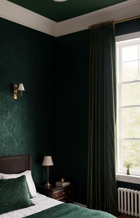 Hunters Green Bedroom, Dark Green Walls Curtains, Dark Green Curtains Bedroom, Emerald Green Black And Gold Bedroom, Dark Green Bedspread, Emerald Green Velvet Curtains, Slytherin Inspired Bedroom, Dark Green Bedrooms, Dark Green Bedroom Aesthetic