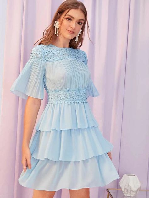 Prom Dancing, Layered Hem Dress, Hollister Style, Styles Clothes, Stylish Gown, Layered Ruffle Dress, Gown Styles, Blue Pastel, Pleated Bodice