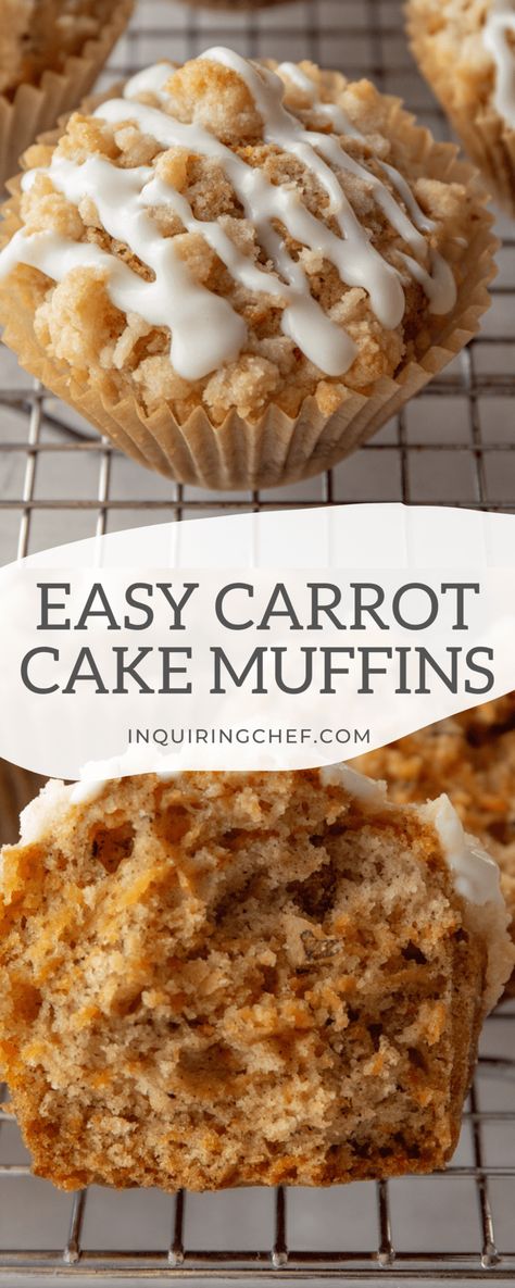 Carrot cake muffins are filled with naturally sweet shredded carrots, and topped with a brown sugar crumb topping and cream cheese glaze. Perfect for breakfast or brunch, and an especially great addition to Easter brunch! #muffins #breakfast #brunch #baking #carrotcake #easyrecipe Easy Carrot Cake Muffins, Carrots Brown Sugar, Baking Recipes Muffins, Brunch Baking, Carrot Cake Muffins Recipe, Carrot Recipes Dessert, Brunch Muffins, Carrot Cake Muffin Recipe, Healthy Carrot Cake Muffins