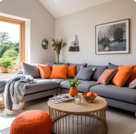 Beige And Orange Living Room, Burnt Orange Living Room Decor, Grey And Orange Living Room, Burnt Orange Living Room, Hygge Living Room, Deco Orange, Large Cushion Covers, Latest Living Room Designs, Grey Sofa