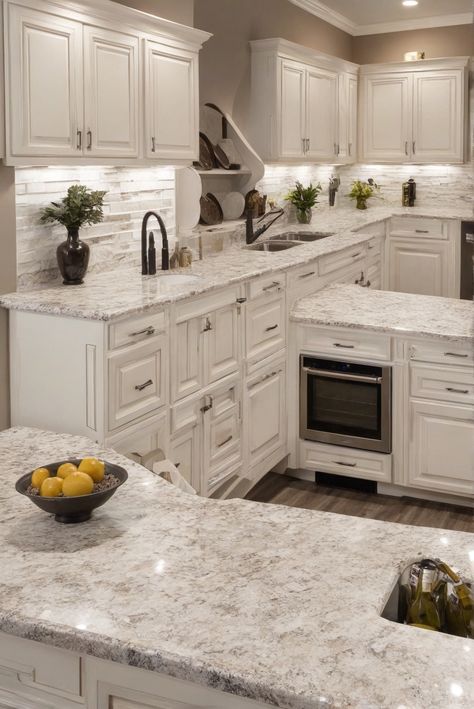 - Granite cabinets
- Glamorous countertops
- Durable kitchen design
- Trendy home decor Milky Granite Countertops, Kitchen Remodel Granite Countertops, Farmhouse Kitchen Granite Countertops, Speckled Granite Countertops, Granite Countertops With Backsplash, Backsplash With Granite Countertops, Kitchen Design Granite Countertops, Granite Countertops With White Cabinets, White Granite Countertops Kitchen