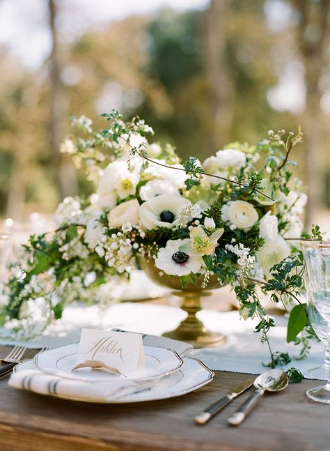 Sophisticated Wedding Inspiration | Wedding Ideas | Oncewed.com Low Wedding Centerpieces, Summer Wedding Centerpieces, White Wedding Centerpieces, Anemone Wedding, Anemone Bouquet, Low Centerpieces, Flowers And Greenery, Elegant Centerpieces, Sophisticated Wedding