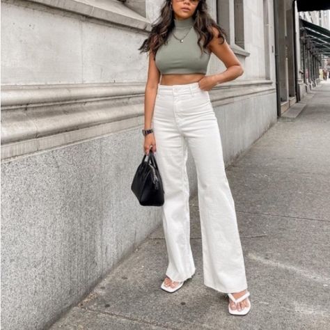 High Waist White Jeans Outfit, White Marine Jeans Outfit, White High Waisted Jeans Outfit, Corsica Outfit, White Jeans Outfit Summer 2024, Zara Wide Leg Jeans Outfit, Wide Leg White Jeans Outfit, White Wide Leg Jeans Outfit, Zara The Marine Straight