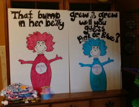 Thing 1 And Thing 2 Gender Reveal Ideas, Thing 1 Thing 2 Gender Reveal, Dr Suess Gender Reveal Party, Dr Seuss Gender Reveal Ideas, Dr Seuss Gender Reveal, Dr Suess Baby, Gender Guessing, Diy Nursery Art, Gender Reveal Baby Shower Themes