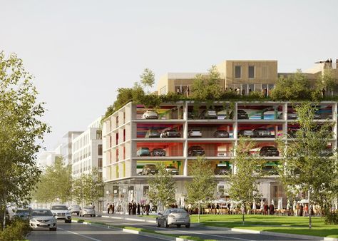 Car park with apartments on its roof by Brisac Gonzalez Car Park Design, Parking Plan, Parking Building, Green Architecture, Parking Design, Parking Garage, Garage Design, Green Roof, Car Park