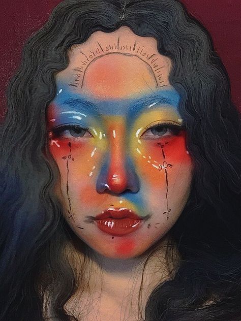 Abstract Art Makeup, Silly Makeup Ideas, Intricate Makeup Looks, Colorful Drag Makeup, Painting Makeup Art, Creative Face Makeup Art, Crazy Makeup Looks Creative Full Face, Facepainting Ideas Aesthetic, Makeup Creative Ideas