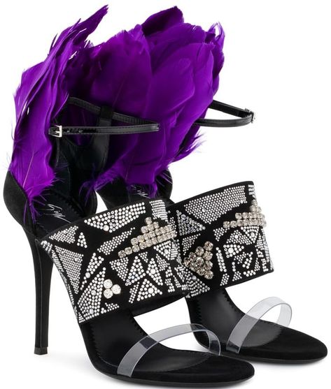 Plexi and Black Suede Talia Sandals With Violet Feathers and Crystals Feather Sandals, Studded Gladiator Sandals, Jeweled Shoes, Giuseppe Zanotti Heels, Purple Feather, Giuseppe Zanotti Shoes, Party Heels, Evening Sandals, Black Week