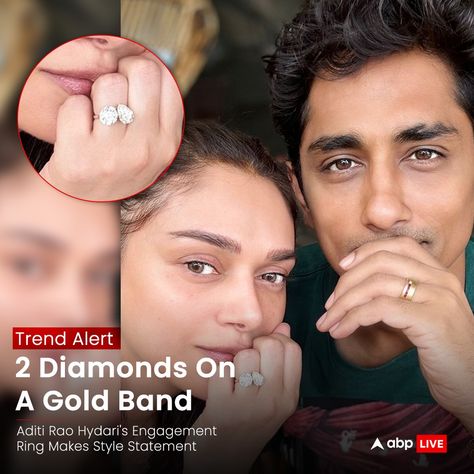 Aditi Rao Hydari officially announced her engagement to actor Siddharth via Instagram. Sharing a joyful post, they posed together, flaunting their engagement rings. Siddharth showed off a solid gold band with a red detail, while Aditi's ring had a unique dual stone design, featuring a round and teardrop-shaped diamond on a gold band. All you need to know about their engagement at the link in our bio #AditiRaoHydari #Siddharth #Bollywood #Entertainment #ABPLive Aditi Rao Hydari, Aditi Rao, Solid Gold Band, Stone Design, Gold Band, Gold Bands, Solid Gold, Entertainment, Engagement Rings