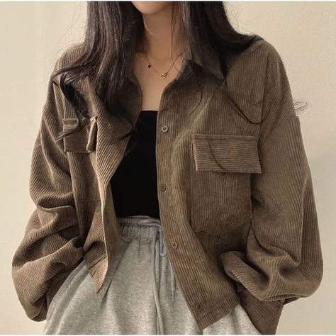 Fesyen Korea, Corduroy Blouse, Streetwear Shirts, Corduroy Coat, Pakaian Feminin, Korean Fashion Casual, Ținută Casual, Summer Jacket, Long Sleeves Coats