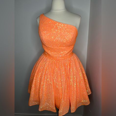 Sherri Hill Cocktail #55101 Machine Sequin Fabric One Shoulder. The Bodice Features A Cinched Waistline White The Back Features A Stunning Double Strap Zipper Closure. Color Is Orange New With Tags. Never Worn Or Altered Orange Hoco Dress, Sherri Hill Short Dresses, Senior Hoco, Sherri Hill Homecoming Dresses, Hoco Inspo, Lace Up Back Dress, Light Blue Prom Dress, Short Dress Styles, Hoco Dress