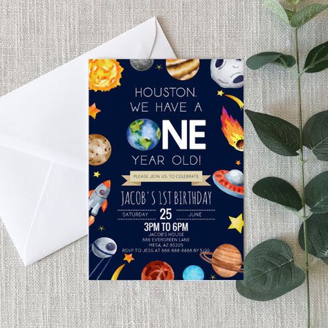 Sun Invitations, Outer Space Planets, Boys First Birthday Party Ideas, Boys 1st Birthday Party Ideas, Happiest Birthday, One Year Birthday, Birthday Party Design, 1st Birthday Party Invitations, Blue Invitation