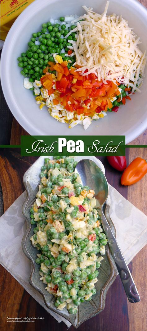 Irish Pea Salad | Sumptuous Spoonfuls Irish Green Salad, Irish Pea Salad, Irish Salad Sandwich, Irish Salads St Patrick, Salad Recipes Appetizers, Healthy Pea Salad Recipes, Dublin Pea Salad, Irish Peas, Pea Salad With Eggs