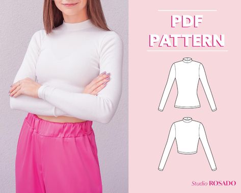 Womens high neck long sleeve top & crop top Tanith | Etsy High Wasted Skirt, Sewing Designs, Tops Manga Larga, High Neck Long Sleeve Top, Penny Pinching, Clothing Business, Shirt Sewing Pattern, Outfit Plan, Costume Patterns