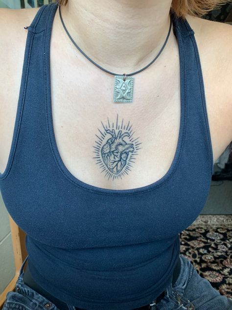 tattoo by owen lostetter Medieval Tattoo Ideas Simple, Dime Sized Tattoos, Anatomical Heart Chest Tattoo, Unique Tattoo Styles, Tourniquet Tattoo, Alchemical Tattoo, Subtle Gay Tattoo, Chest Tattoo Placement, Ethel Cain Tattoos