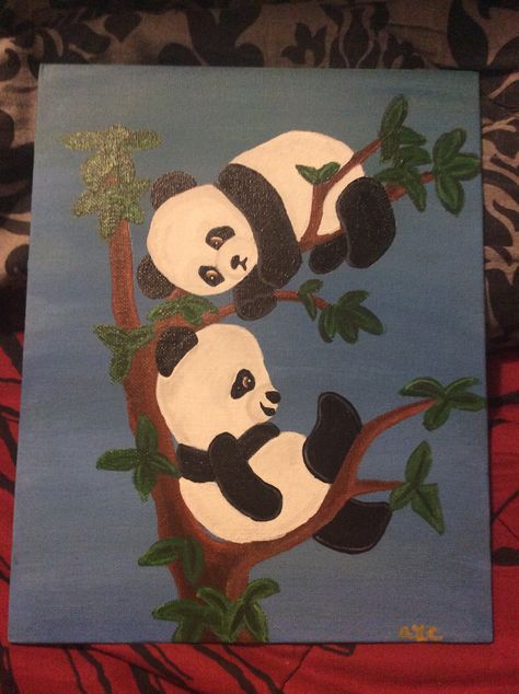 Acrylic on canvas panel- Pandas in the tree. Panda Painting On Canvas, Panda Painting Easy Canvas, Panda Painting Ideas, Panda Painting Easy, Panda Painting Acrylic, Panda Canvas Painting, Cute Panda Painting, Panda Canvas, Cute Panda Drawing