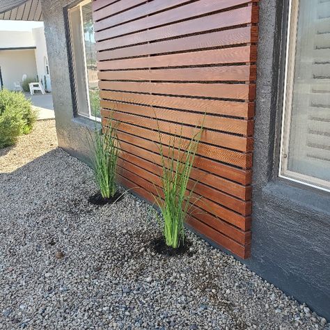 Wood exterior panel Rock Wall Front Of House, Wooden Accent Exterior, House Planters Outdoor, White Black And Natural Wood House Exterior, Exterior House Stain Color Combinations, Windowless Exterior Wall Ideas, Wood Exterior House Colors, Exterior Slat Wall Ideas, Front House Wood Accents