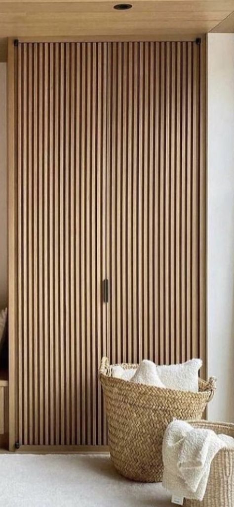 Slatted Door Wardrobe, Paneling Closet Doors, Wooden Slat Wardrobe Doors, Slated Wood Closet Doors, Teak Closet Doors, Built In Cupboard Hallway, Fluted Wood Wardrobe, Slated Wood Cabinet Diy, Wood Panelling Wardrobe Doors