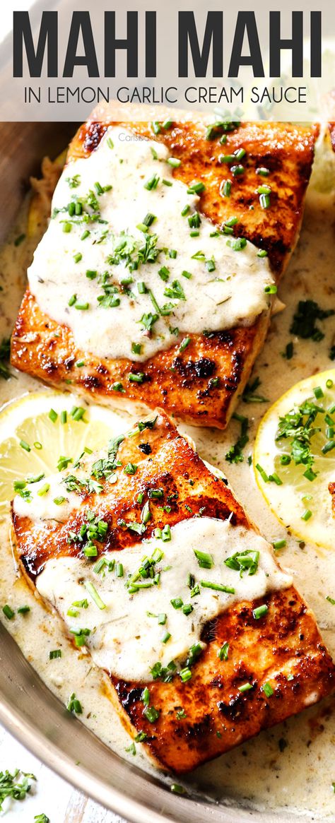 Lemon Garlic Cream Sauce, Mahi Mahi Recipes, Lemon Cream Sauce, Mahi Fish, Fish Dinner Recipes, Garlic Cream Sauce, Carlsbad Cravings, Fish Recipes Healthy, Fish Dinner