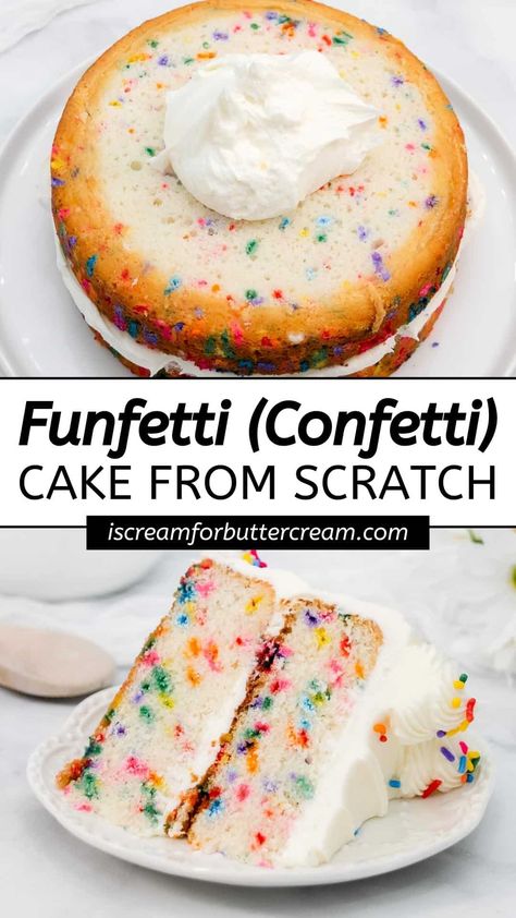 2 Tier Funfetti Cake, Funfetti Cake Moist, Funfetti Cake With Chocolate Frosting, Confetti Buttercream Frosting, Vanilla Confetti Cake Recipe, Easy Confetti Cake Recipe, Rainbow Frosted Cake, Homemade Confetti Cake, Sprinkle Cake Recipe