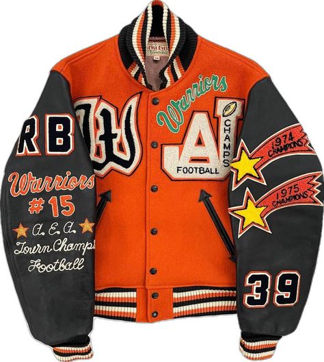 Letterman Jacket Outfit, Letterman Jacket Patches, Warriors Football, Baseball Jacket Outfit, Vintage Varsity Jacket, Jacket Ideas, Concept Clothing, Varsity Jackets, Leather Sleeves