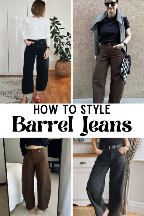 How to style barrel jeans Fall Outfits Barrel Jeans, Cropped Barrel Jeans Outfit, Barrel Pants Outfit Fall, Green Barrel Pants Outfit, Black Barrel Pants Outfit, Shoes To Wear With Barrel Jeans, Outfits With Barrel Jeans, Leopard Barrel Jeans Outfit, Barrel Leg Pants Outfit