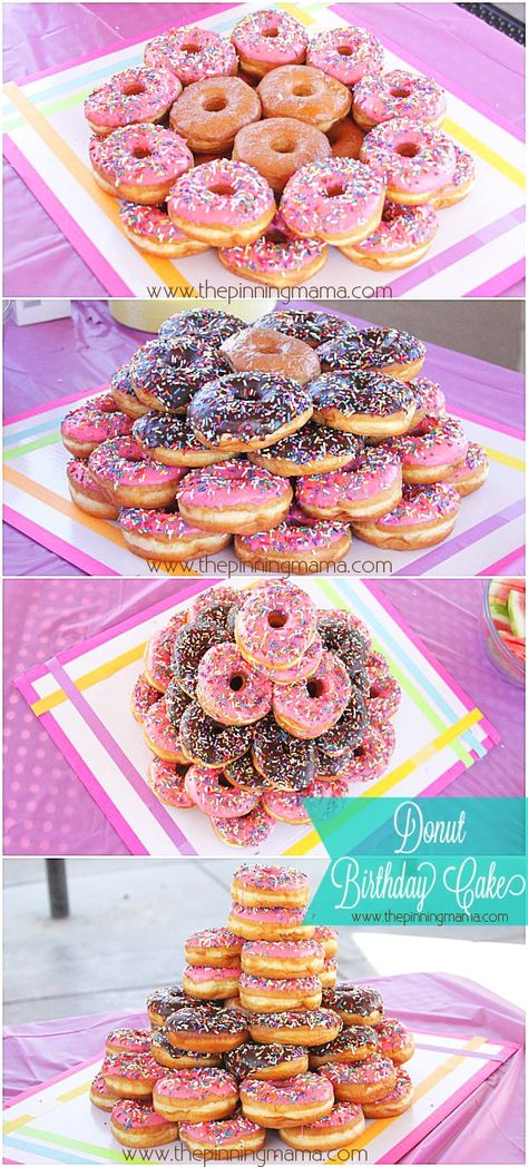 DIY Donut Cake for a Donut Themed Birthday Party! So Easy! How To Make A Donut Cake Tower, How To Make A Donut Cake, Tiered Donut Cake, Donut Tower Diy, Donut Tower Cake Birthday, Donut Tower Birthday, Diy Donut Tower, Donut Tower Cake, Donut Cake Tower