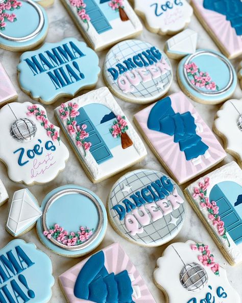 Mama Mia… Zoe is getting married!! 💕 | Instagram Dancing Queen Cookies Decorated, Mamma Mia Themed Food Ideas, Mama Mia Shes Getting Married, Mama Mia Birthday Theme Ideas, Mamma Mia Engagement Party, Momma Mia Party Ideas, Mama Mia Cookies Decorated, Mamma Mia Cookies Decorated, Dancing Queen Cookies