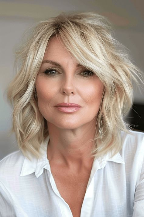 50 Hottest Shaggy Bob Haircuts to Copy This Year Older Women Blonde Hair, Medium Length Haircut White Hair, Short Blonde Hair Styles With Bangs, Bangs With A Bob Haircut, Shaggy Bob Shoulder Length, Shaggy Bob Medium Length, Bob For 50 Year Old, Blond Layered Hair Medium, Shorter Blonde Hair Mid Length