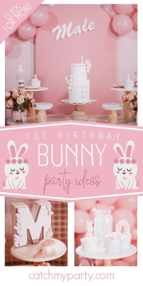 Baby Girl Birthday Party Ideas, Bunny Party Food, Bunny 1st Birthday Party, Bunny Birthday Theme, Bunny 1st Birthday, Girl Birthday Party Ideas, Baby Girl Birthday Party, Bunny Birthday Cake, Bunny Birthday Party