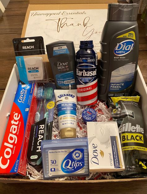 Toothpaste Gold bond lotion Dental floss Soap Deodorant Q Tip Shaving cream Men Body wash Lip Medex Hygiene Gift Basket Ideas For Men, Hygiene Basket For Men, Best Men Deodorant, Toiletry Gift Basket Ideas, Men Self Care Products, Men Body Care Products, Hygiene Products Men, Self Care For Men Gifts, Travel Box Ideas