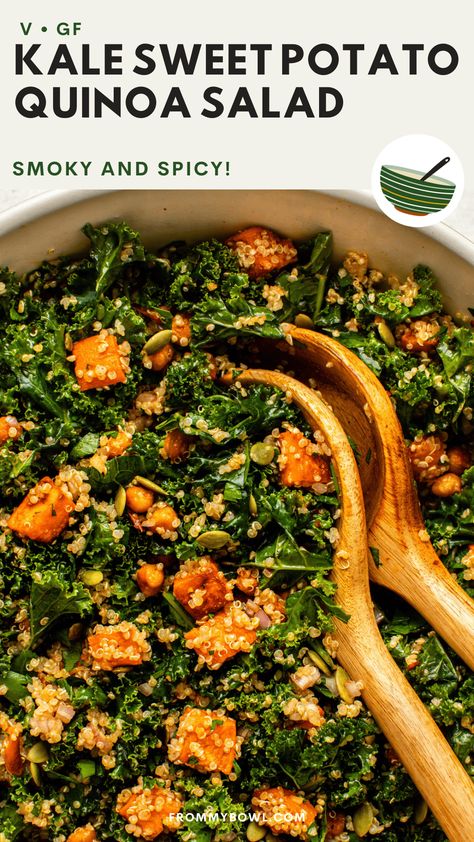 This Kale Sweet Potato Quinoa Salad puts a smoky-spicy twist on a classic winter salad! Roasted sweet potatoes, crispy chickpeas, chopped kale, and quinoa are drenched in a bold lemon-chipotle dressing to give you a wholesome meal with exciting flavors. Vegan and Gluten-Free. Kale And Corn Salad, Vegan Kale Recipes, Gluten Free Quinoa Salad, Kale Sweet Potato Salad, Salads Vegan, Kale Sweet Potato, Sweet Potato Quinoa Salad, Sweet Potato Salad Recipe, Sweet Potato Quinoa