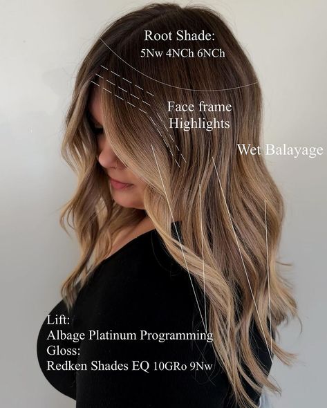 Perfect for the Brunettes & Brondes Baddies in your chair 💃🏼💁🏻‍♀️ . Here’s the breakdown ✖️ Faceframe highlights: first foil is weaved NO … | Instagram Faceframe Highlights Brunette, Brunette Foils, Sunkissed Balayage Brunettes, Faceframe Highlights, Face Framing Foils, Wet Balayage, Face Frame Highlights, Lived In Color, Redken Shades