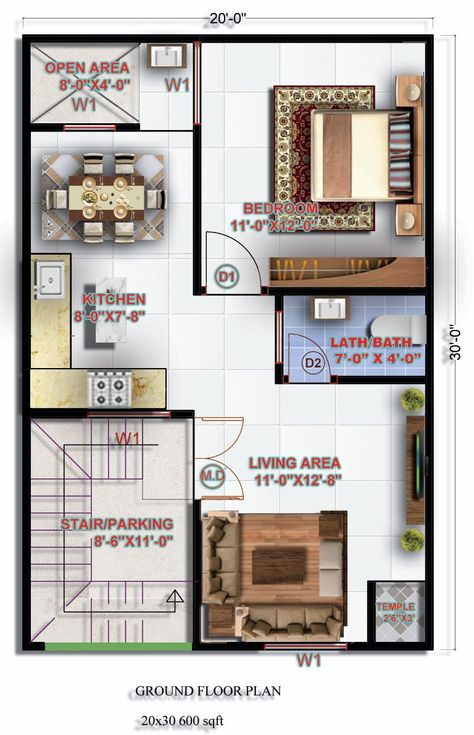 "Unlock the perfect blend of comfort and efficiency with this expertly designed 600 sq ft, 20x30 feet house plan! Ideal for small families or urban living, this plan maximizes every inch of space to offer a cozy bedroom, spacious living area, and functional kitchen. Don't wait to start your dream home project—download your ready-made PDF now from houseplanfiles.com and bring this vision to life!" This hook emphasizes the value of the plan, the convenience of having a ready-made PDF, and the ... 20 By 30 House Plans Home, 20 30 House Plan, 20×40 House Plan, 600 Sq Ft House Plans, Plot Design, Ground Floor House, Smart House Plans, Bedroom Spacious, 20x30 House Plans