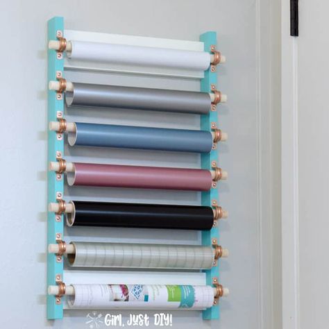 Diy Vinyl Storage Rack, Craft Vinyl Storage, Diy Vinyl Storage, Vinyl Storage Rack, Vinyl Roll Holder, Ikea Bins, Diy Space Saving, Craft Paper Storage, Vinyl Roll