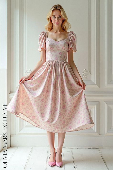 A sweetheart neckline and fluttering puff sleeves whisper of vintage charm, while a delicate floral pattern dances across a canvas of soft pink. cinched at the waist, it blooms into a full, floor-length skirt that cascades like a waterfall of grace. Each stitch and fold is a testament to refined craftsmanship, making this dress not just an article of clothing, but a piece of art to be cherished. Mark Vintage, Vintage Romance, Floor Length Skirt, Pink Midi Dress, An Article, Floral Midi Dress, Olivia Mark, Vintage Charms, Sweetheart Neckline