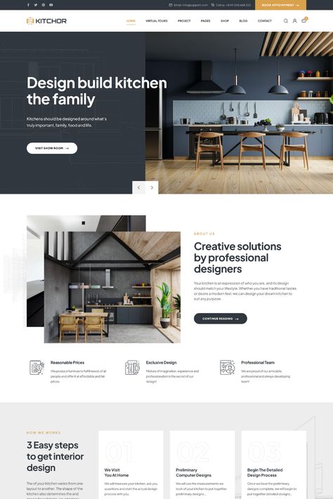 Kitchor is a stylish and professional WordPress theme designed for interior design and architecture businesses. With its clean and modern design, this theme is fully responsive and mobile-friendly. The theme includes advanced features such as project presentation, team member presentation, and custom page templates, allowing customers to easily learn more about your company and services. Interior Website Design Inspiration, Website Design Construction, Kitchen Website Design, How It Works Web Design, Modern Website Design Creative, Our Services Page Design, Interior Design Website Inspiration, Decor Website Design, Home Page Design Website