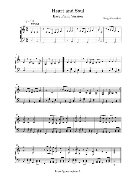 Download and print in PDF or MIDI free sheet music for Heart And Soul by Hoagy Carmichael arranged by GuestinPiano for Piano (Solo) Heart And Soul Piano, Piano Sheet Music Easy, Piano Sheet Music Beginners, Popular Piano Sheet Music, Free Violin Sheet Music, Sheet Music Easy, Piano Sheet Music Letters, Music Printables, Free Printable Sheet Music