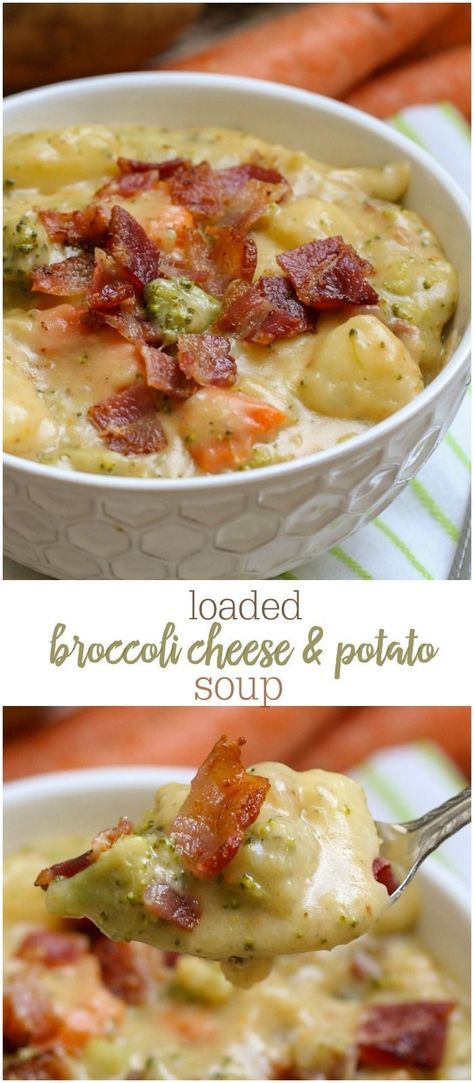 Loaded Broccoli, Cheese and Potato Soup - so full of flavor and so many delicious ingredients. This soup will keep you warm and full any time of year! { lilluna.com } Broccoli Cheese And Potato Soup, Broccoli Potato Soup Recipes, Broccoli Potato Cheese Soup, Loaded Broccoli, Broccoli Potato Soup, Cheesy Broccoli Soup, Broccoli Potato, Cheese Soup Recipes, Broccoli Soup Recipes