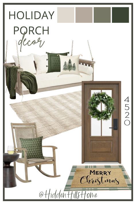 A Christmas exterior mood board! This holiday front porch features a swing decorated with green and neutral Christmas pillows along with a  rocking chair. The door has a gorgeous green holiday wreath with a “Merry Christmas” doormat.