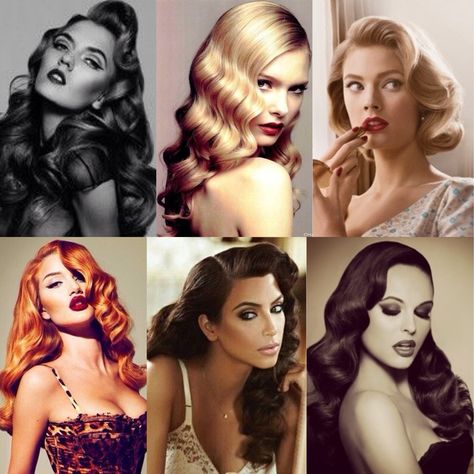 Curls and waves - that's vintage feel is just wow ... Always seem to mess up the 'bangs' though :( http://valuedvintage.com Retro Waves Hair, Cabelo Pin Up, Vintage Hairstyle, Vintage Hairstyles Tutorial, 50s Hairstyles, Wavy Hairstyles Tutorial, Retro Glamour, Pin Curls, Long Curls