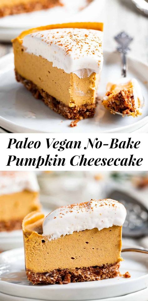 This no-bake paleo and vegan pumpkin cheesecake is silky smooth, filled with pumpkin pie spices and completely dairy free and gluten free! It’s perfect as a holiday showstopper with a thick layer of coconut whipped cream and a dusting of cinnamon. #paleo #pumpkin #vegan #glutenfree Pumpkin Vegan Cheesecake, Vegan No Bake Pumpkin Cheesecake, Raw Vegan Pumpkin Cheesecake, Gluten Free And Dairy Free Thanksgiving Desserts, No Bake Vegan Pumpkin Pie, Aip Pumpkin Cheesecake, Vegan Keto Pumpkin Recipes, Non Dairy Pumpkin Cheesecake, Pumpkin Dairy Free Desserts