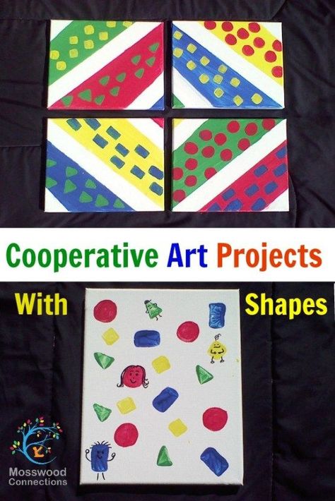 Cooperative Art Projects with Shapes: Kids learn about shapes, colors & co-operating! #artprojectsforkids #shapes #cooperation #groupprojects #mosswoodconnections Cooperative Art Projects For Preschool, Cooperative Art Projects, Clay Therapy, Painting With Kids, Painting Crafts For Kids, Family Involvement, Colors Painting, Painting Activities, Steam Activities