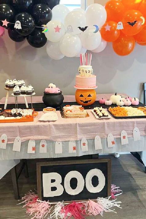 Boo! Check out this spooktacular Halloween-themed birthday party! The dessert table is fantastic!! See more party ideas and share yours at CatchMyParty.com Halloween Birthday Table Decorations, Spooky Dessert Table, Halloween Themed Birthday Party Food, 1st Birthday Party Favor Ideas, Halloween Themed Birthday Party Kids, Halloween Party Food Table, Halloween Baby Birthday, Halloween 1st Birthday Party, Halloween Party Dessert Table