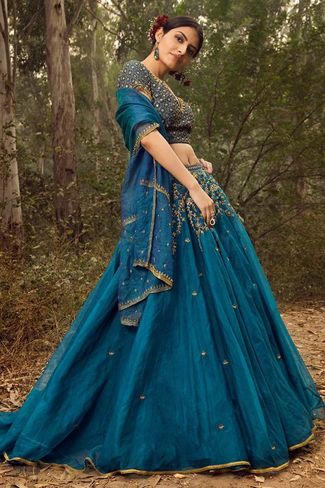 Buy Nitya Bajaj Organza Lehenga Set Online | Aza Fashions Teal Blue Lehenga, Organza Embroidery, Organza Lehenga, India Clothes, Blue Organza, Blue Lehenga, Embroidered Neckline, Designer Gowns, Bridal Lehenga