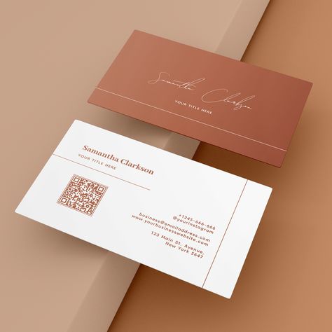 A Minimalist and Simple Terracotta color Lines business card featuring the handwritten script font and small classic clean typography with a QR code. Business Card Design Qr Code, Personal Visiting Card, Minimalistic Business Card Design, Business Cards With Qr Code, Qr Business Card, Business Card Qr Code, Business Card With Qr Code, Classic Business Card, Clean Typography