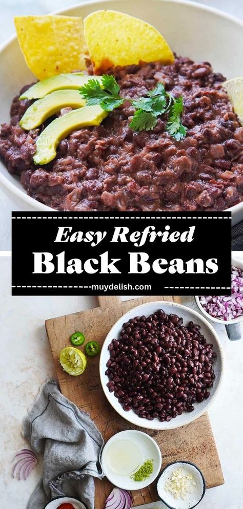 Dried Black Bean Recipes Mexican, Black Bean Refried Beans From Can, Fried Black Beans, Black Beans Canned Recipes, Refries Black Beans Recipe, Refried Black Beans Recipe, Black Refried Beans, Black Bean Refried Beans, Mexican Refried Beans