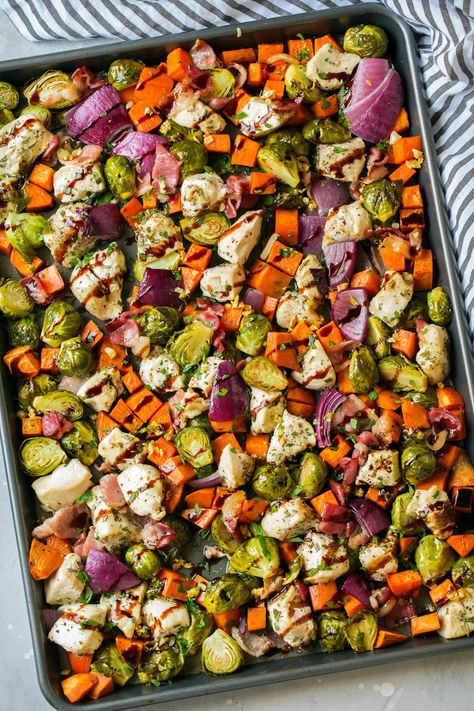 Roasted Recipes, Chicken Brussel Sprouts, Chicken Sweet Potatoes, Chicken Traybake, Sprouting Sweet Potatoes, Brussels Sprouts With Bacon, Sheet Pan Dinners Chicken, Sheet Pan Suppers, Sheet Pan Chicken